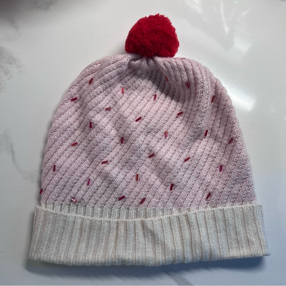 Kate Spade Pink and Cream Beanie with Red Pom-Pom (Cupcake)